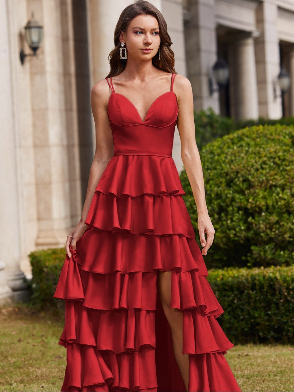 Red Tiered Ruffle Evening Dress